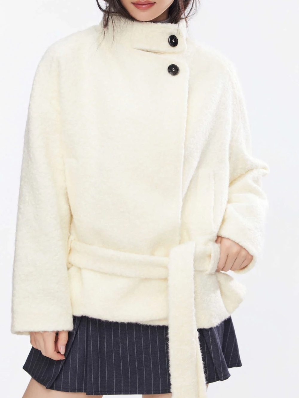 Wool-look Stand Collar Long Sleeve Jacket With Belt
